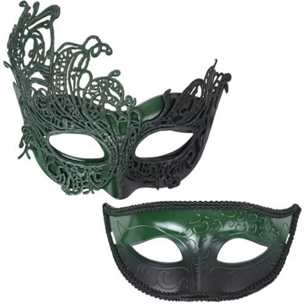 5316 Couple Masquerade Masks Set - 2 Pcs Halloween Green Masquerade Mask